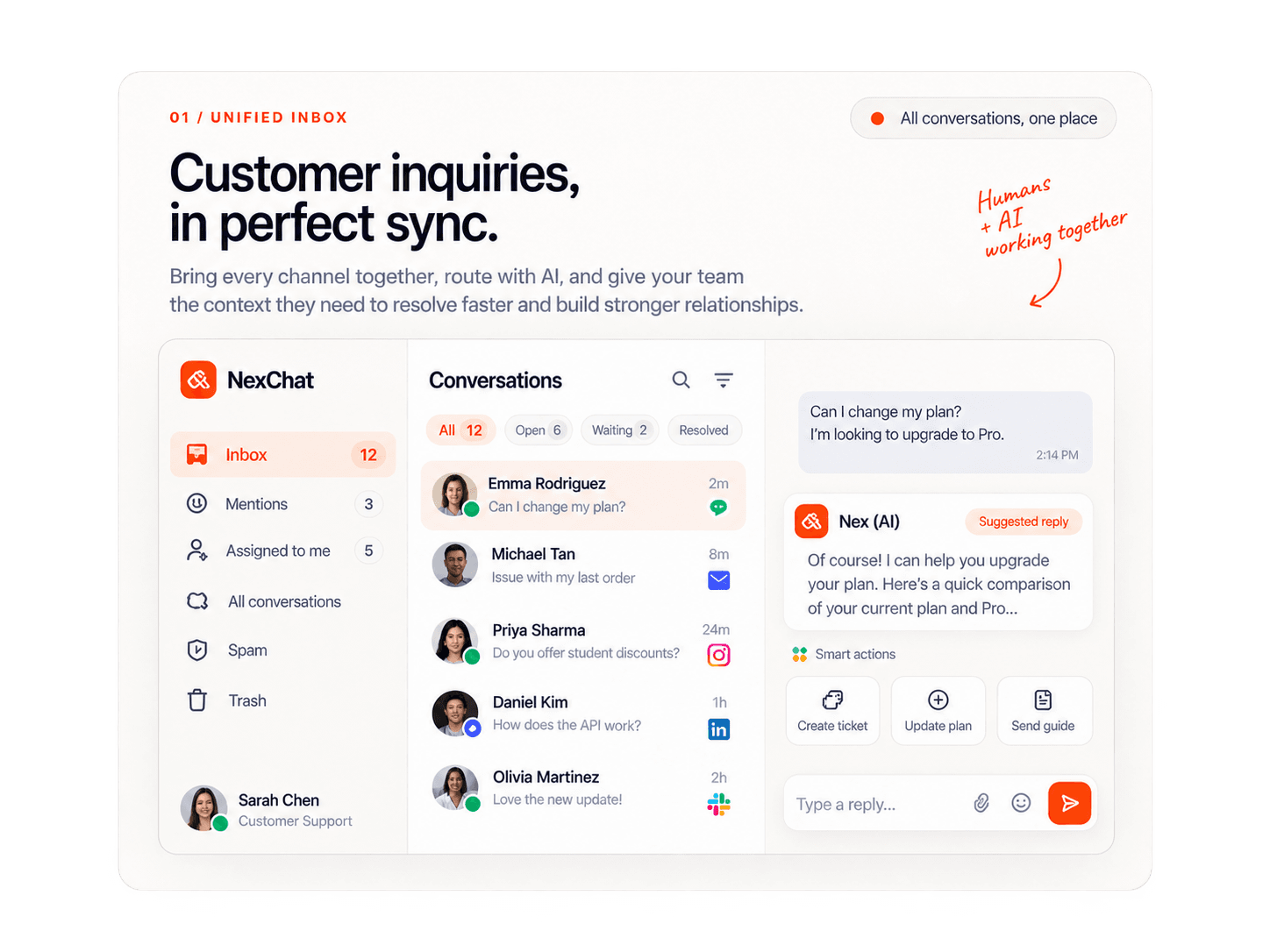 Unified inbox bringing customer conversations, AI assistance, and smart actions together