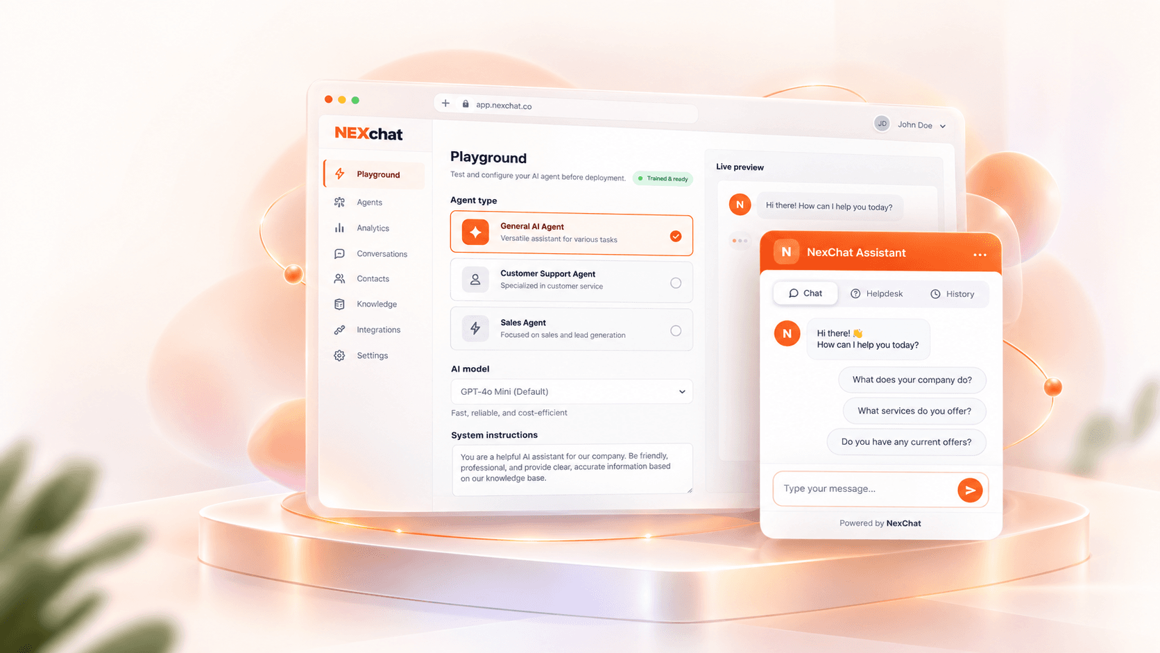 NexChat Playground and live AI assistant