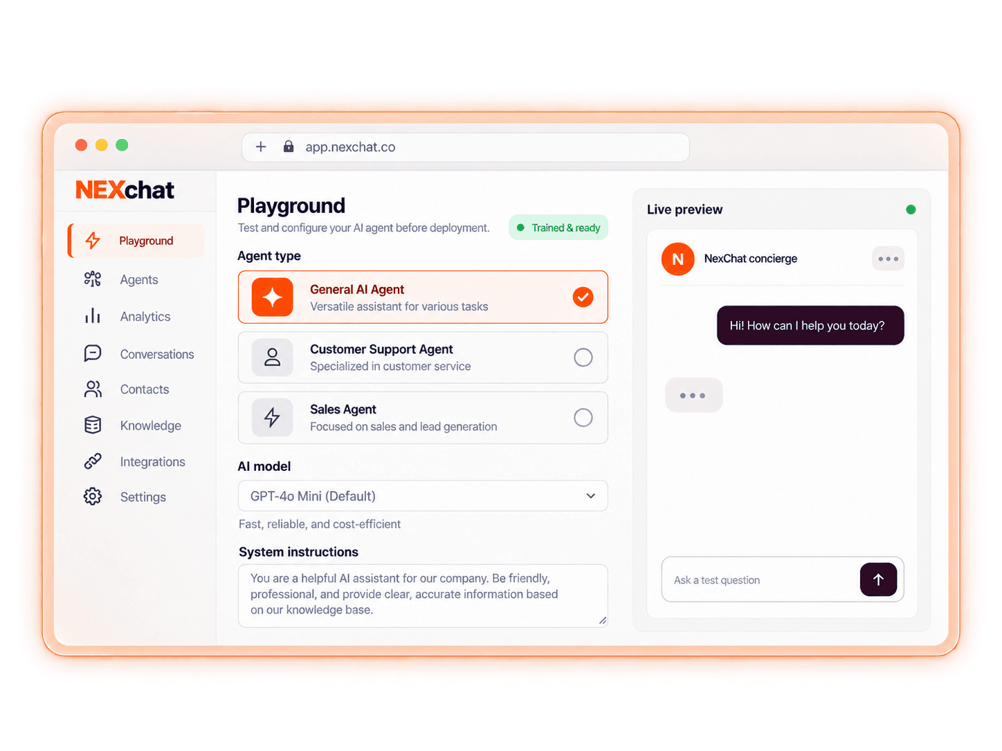 NexChat Playground showing agent configuration and a live customer conversation preview