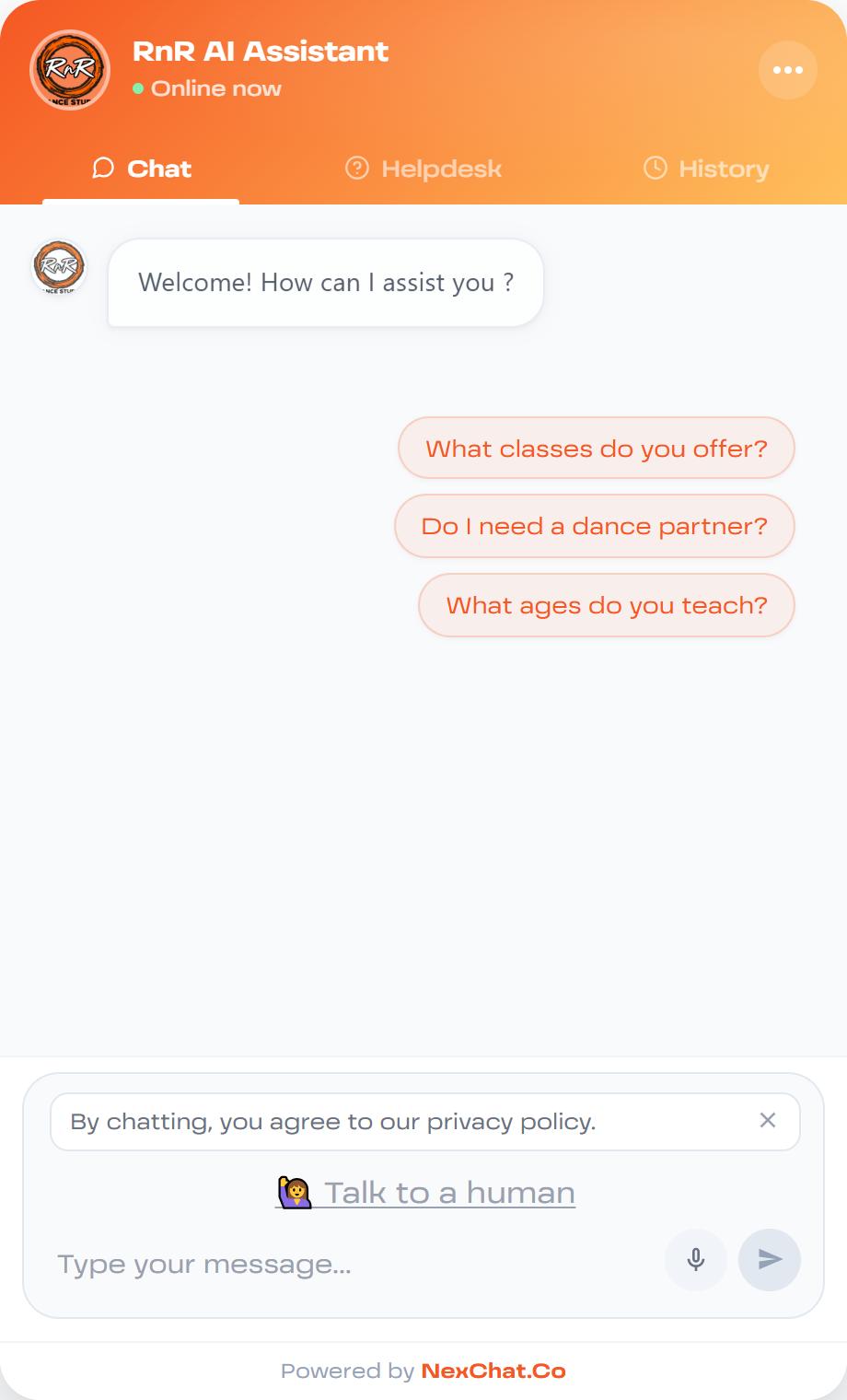 NexChat chat widget showing the welcome message, suggested questions and the Talk to a human link