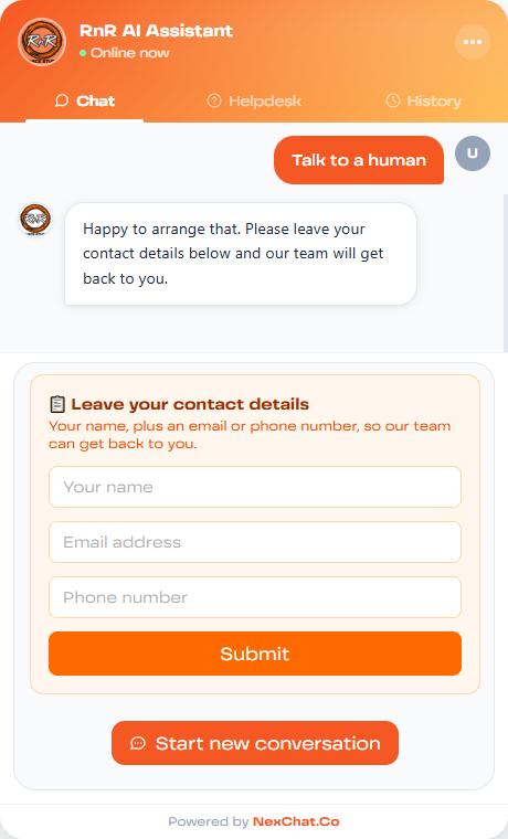 Handoff contact form with name, email and phone fields