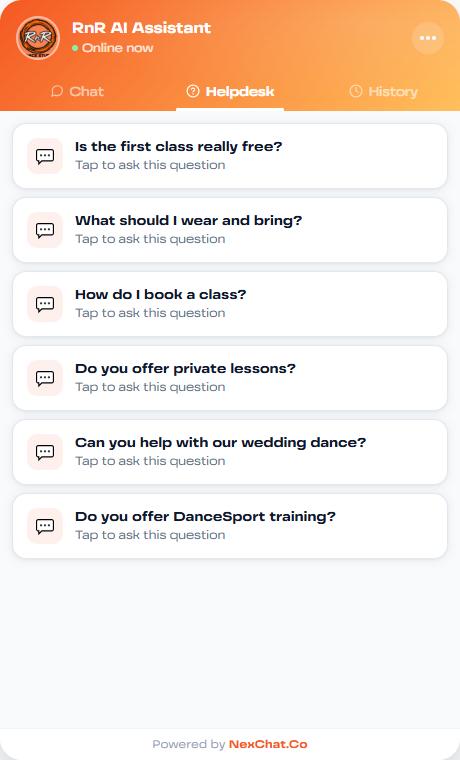 Helpdesk tab listing frequently asked questions